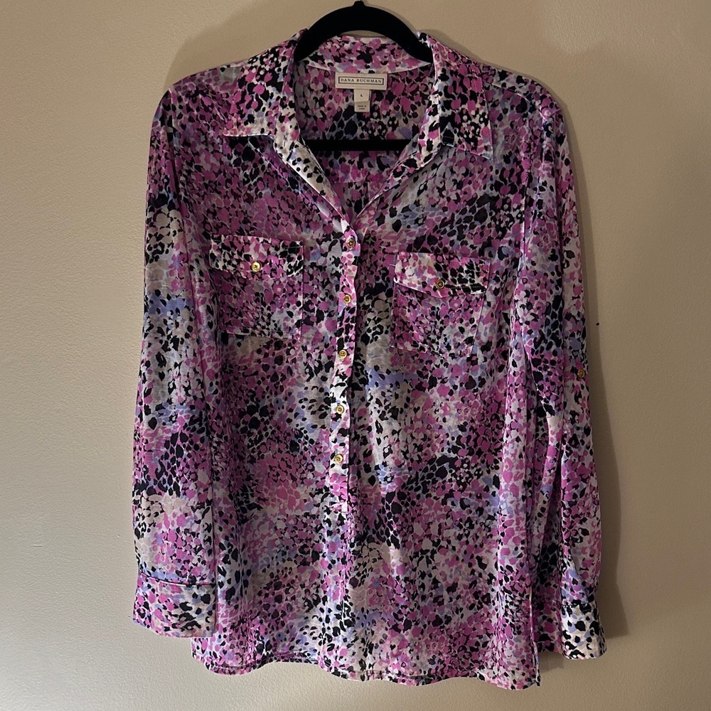 Dana Buchman Women's Pink and Black Button Down Shirt
